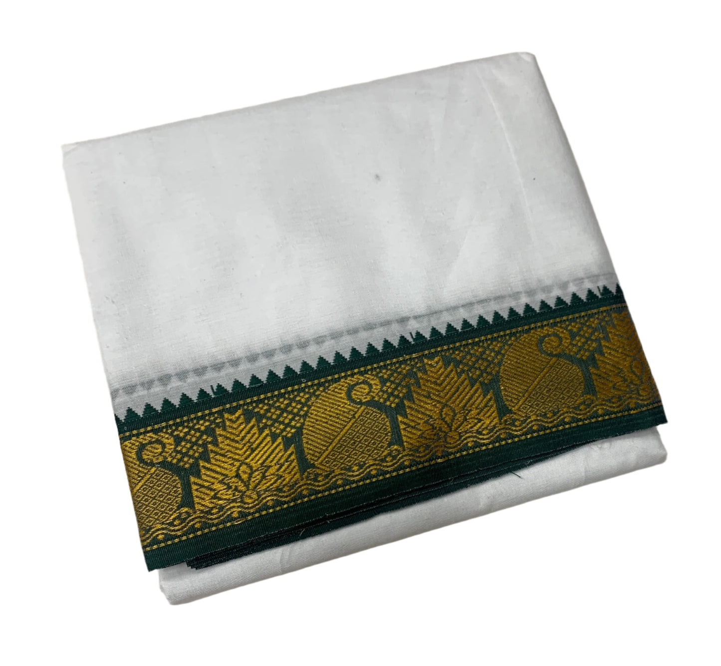 9X5 Cotton Dhoti White Green and Red Zari Border with Angavastram