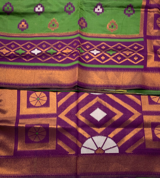 Pochampalli Semi Silk Saree Green Colour with Magenta Border