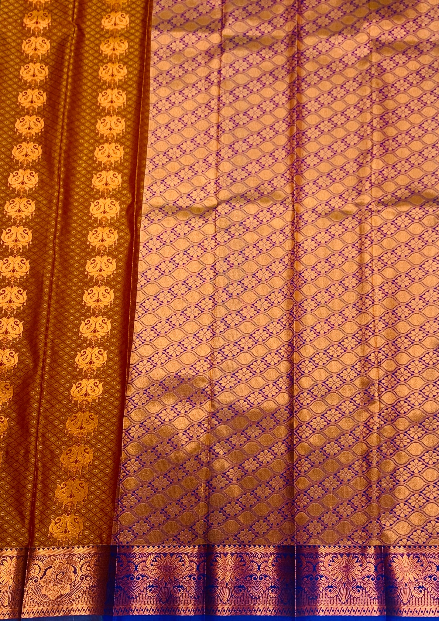 Vegan Silk Saree Brown shade with Copper with flower design.