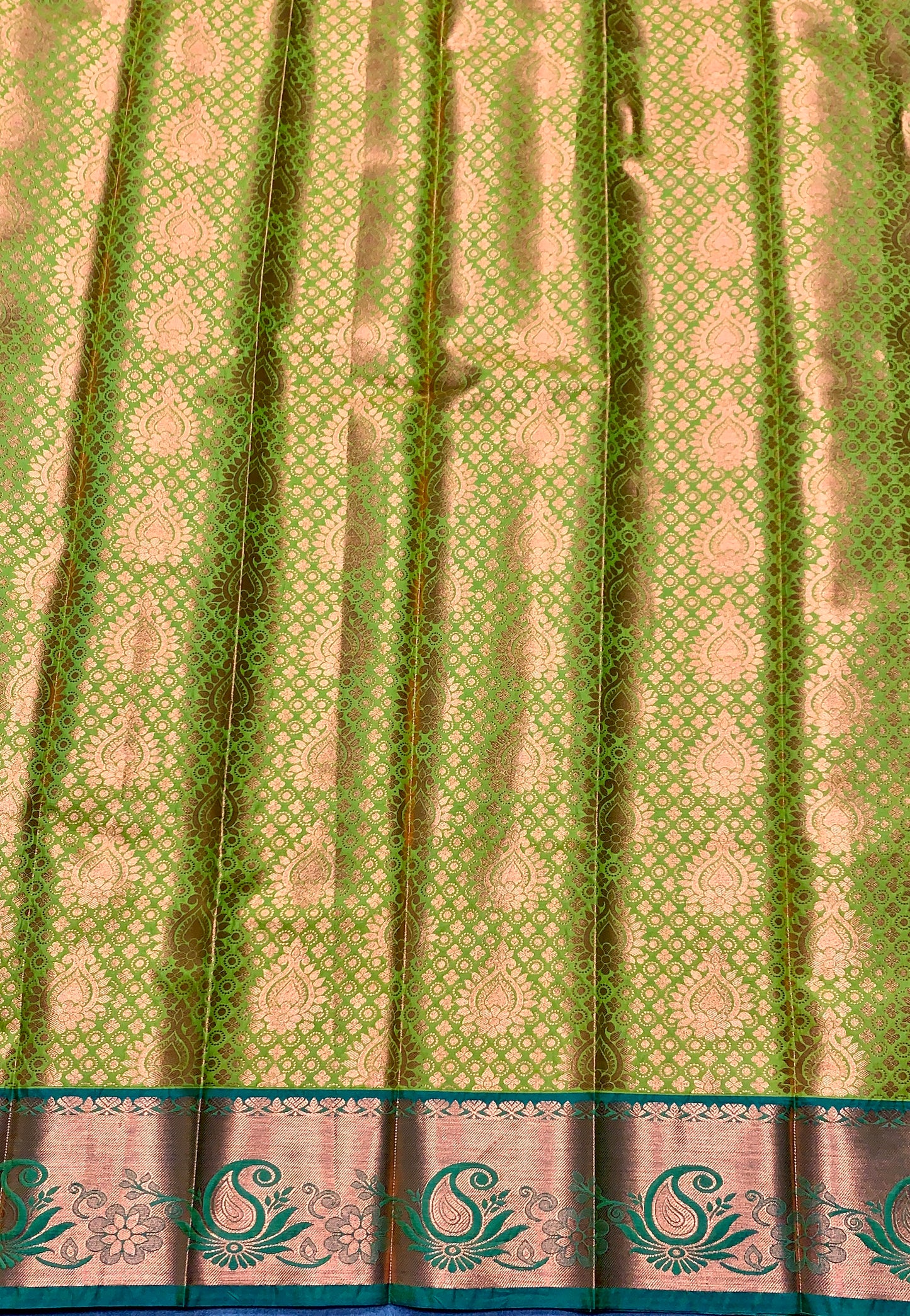 Vegan Silk Saree Lime Green Colour with Light Green and Copper Border
