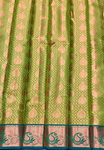Vegan Silk Saree Lime Green Colour with Light Green and Copper Border