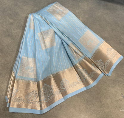 Soft Silk Casual Saree Ice Blue with Sliver Zari Border