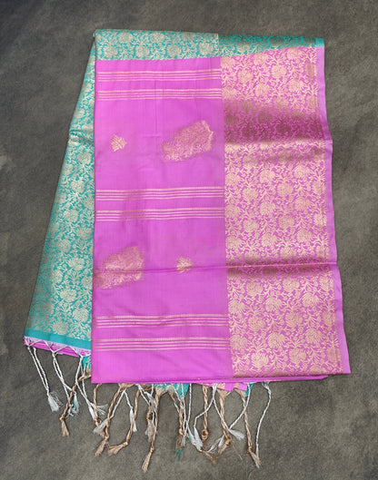 Art Silk Saree Baby Pink Colour with Sliver Zari Border