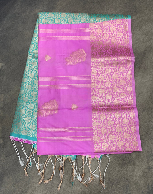 Art Silk Saree Baby Pink Colour with Sliver Zari Border