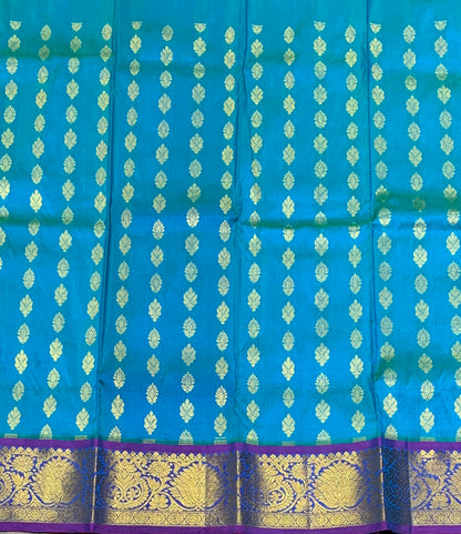 Sky Blue Shade Pure Kanchipuram Kids Pattu Pavadai with Contrast Border for Newborn to 2 Years