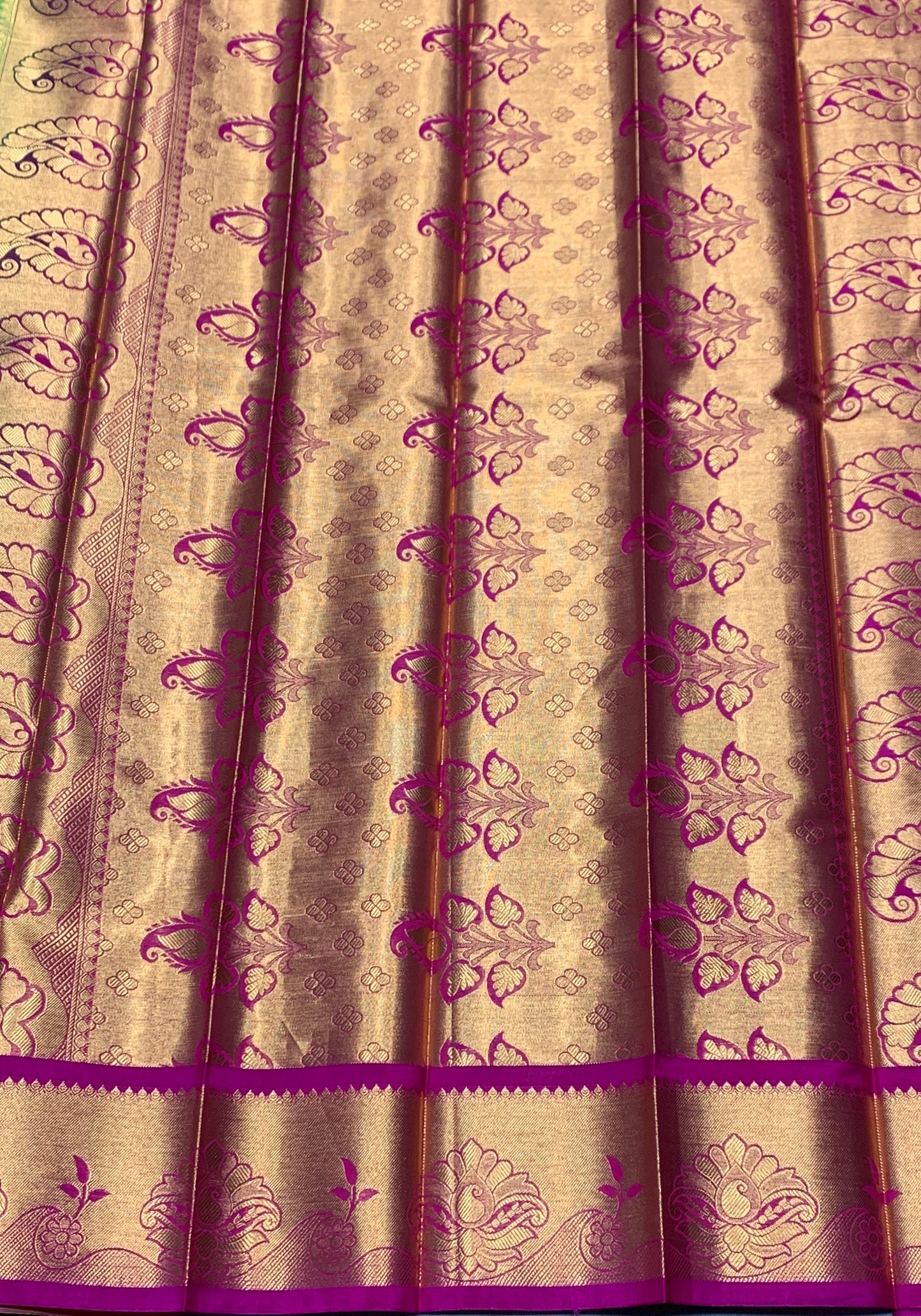Vegan Silk Saree Light Green Colour with Pink and Copper Border