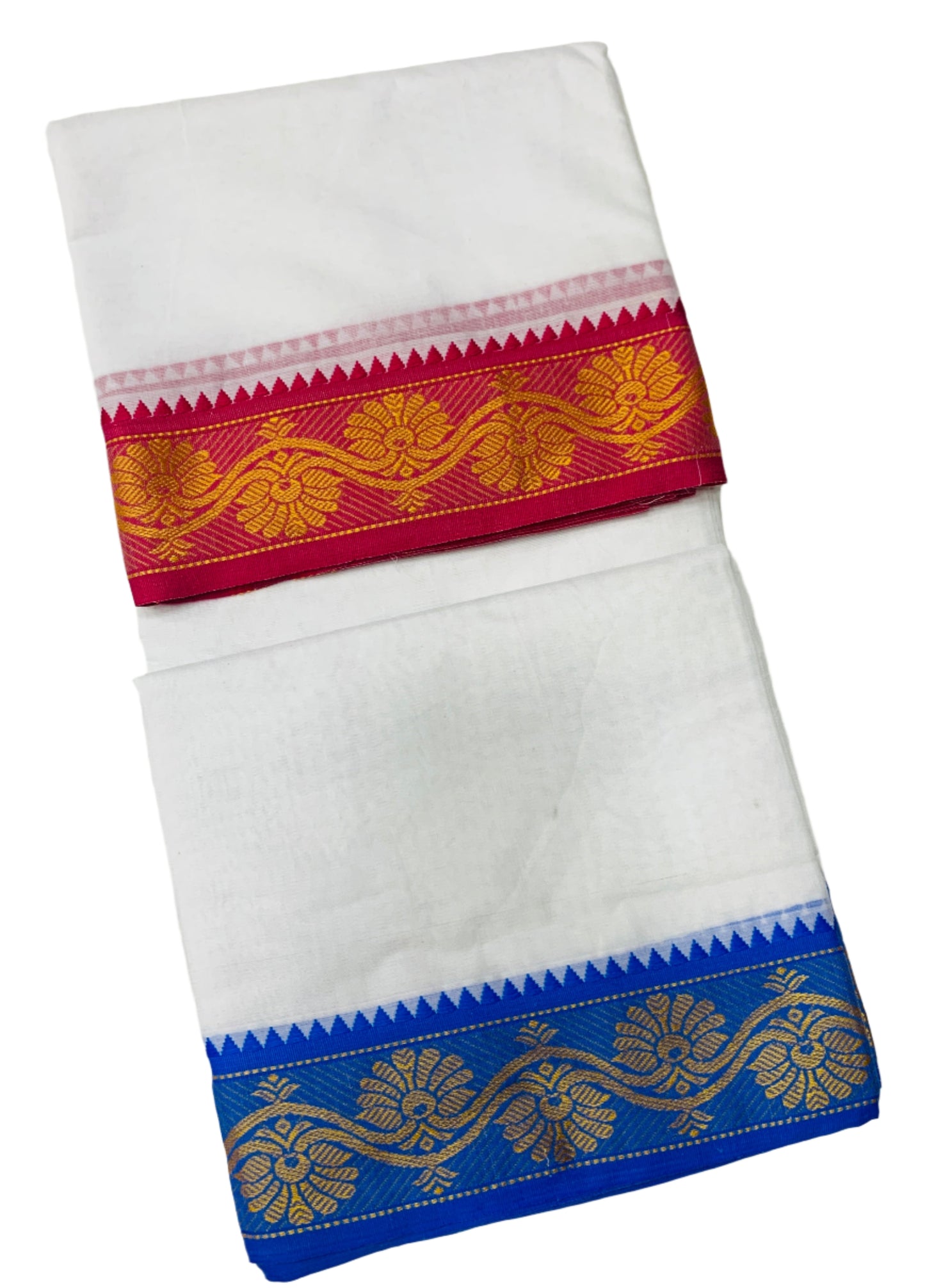 9X5 Cotton Dhoti White Pink and Sky Blue Border with Angavastram