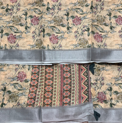 Jute Cotton Saree Biscuit Shade with Thread Border