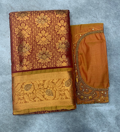 Bridal Vegan Silk Saree Maroon shade with Golden Yellow Border with Unstitched blouse in Aari Work