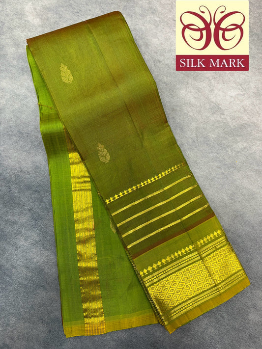 Pure Kanchipuram Silk Saree Olive Green Colour with Gold Zari Border
