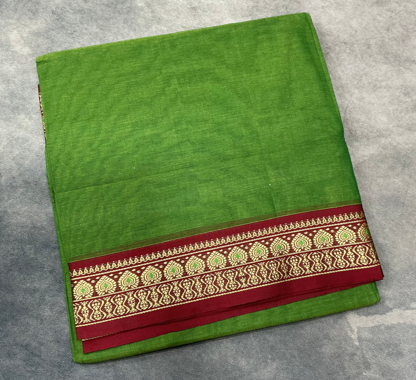 Chettinad Cotton Saree Olive Green Colour with Maroon Colour with Thread Work Border