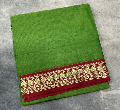 Chettinad Cotton Saree Olive Green Colour with Maroon Colour with Thread Work Border