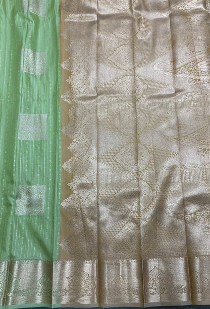 Soft Silk Casual Saree Pista Green with Sliver Zari Border