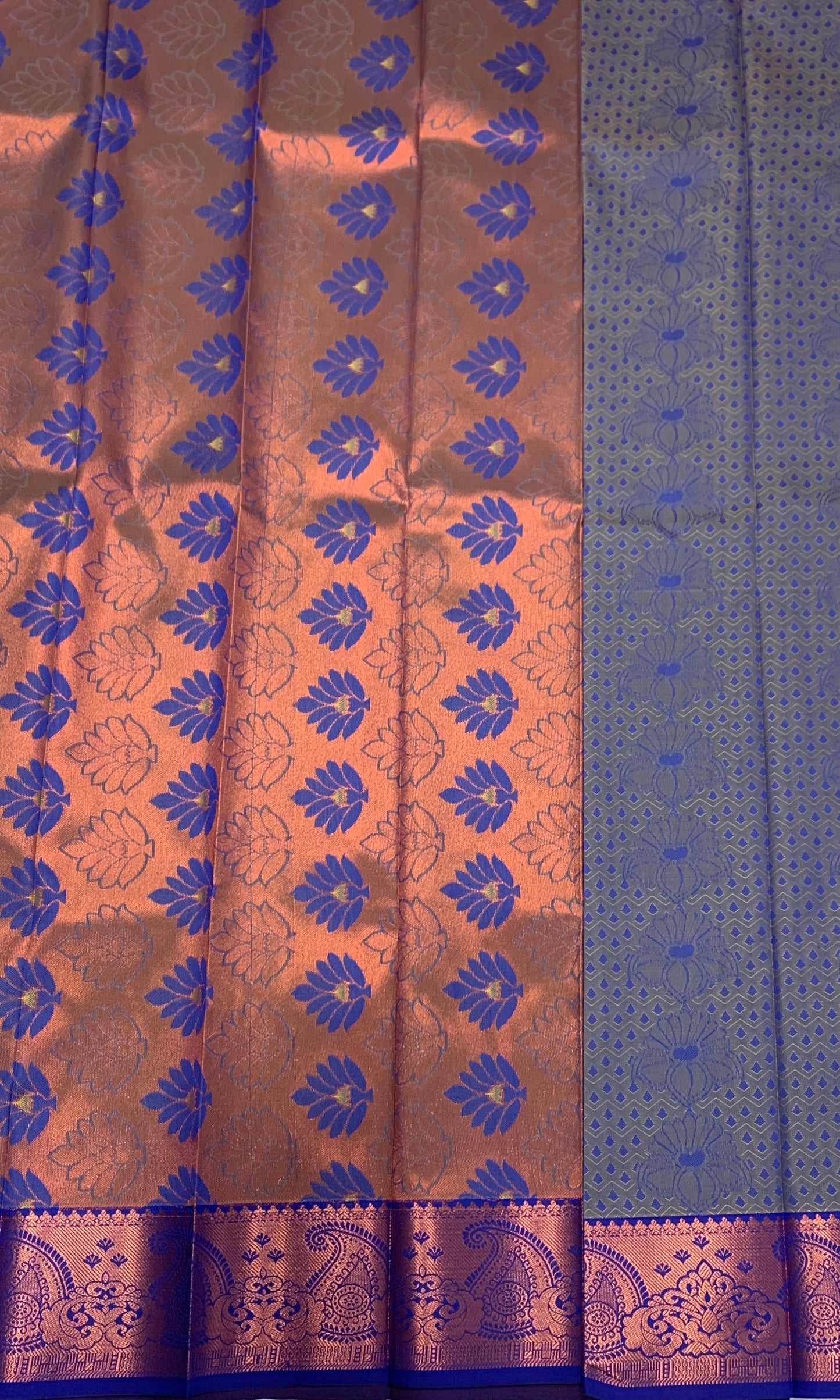 Vegan Silk Saree Mustard Colour with Copper and Blue Border