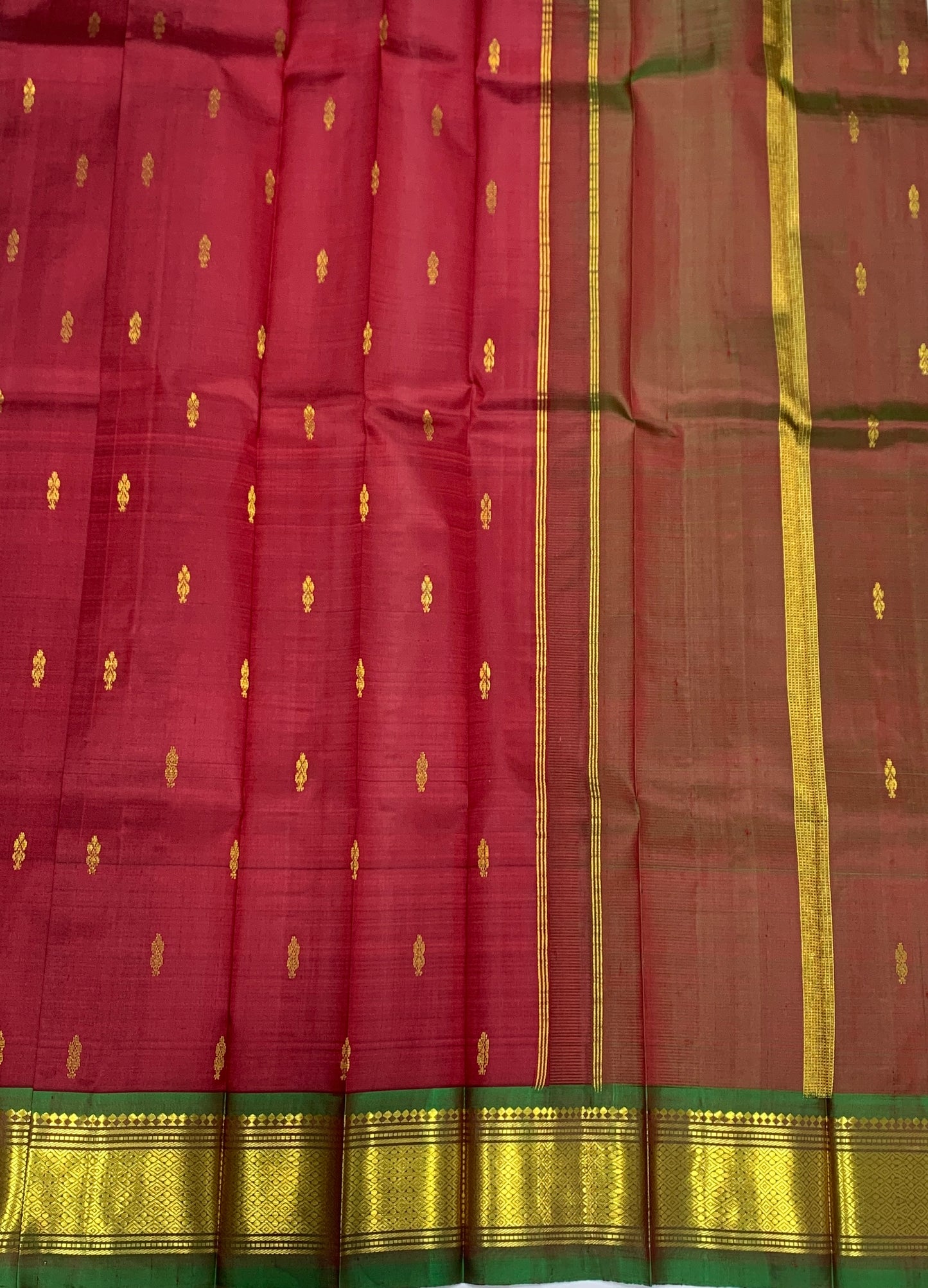 Pure Kanchipuram Silk Saree Maroon shade with Green and Golden Zari Border