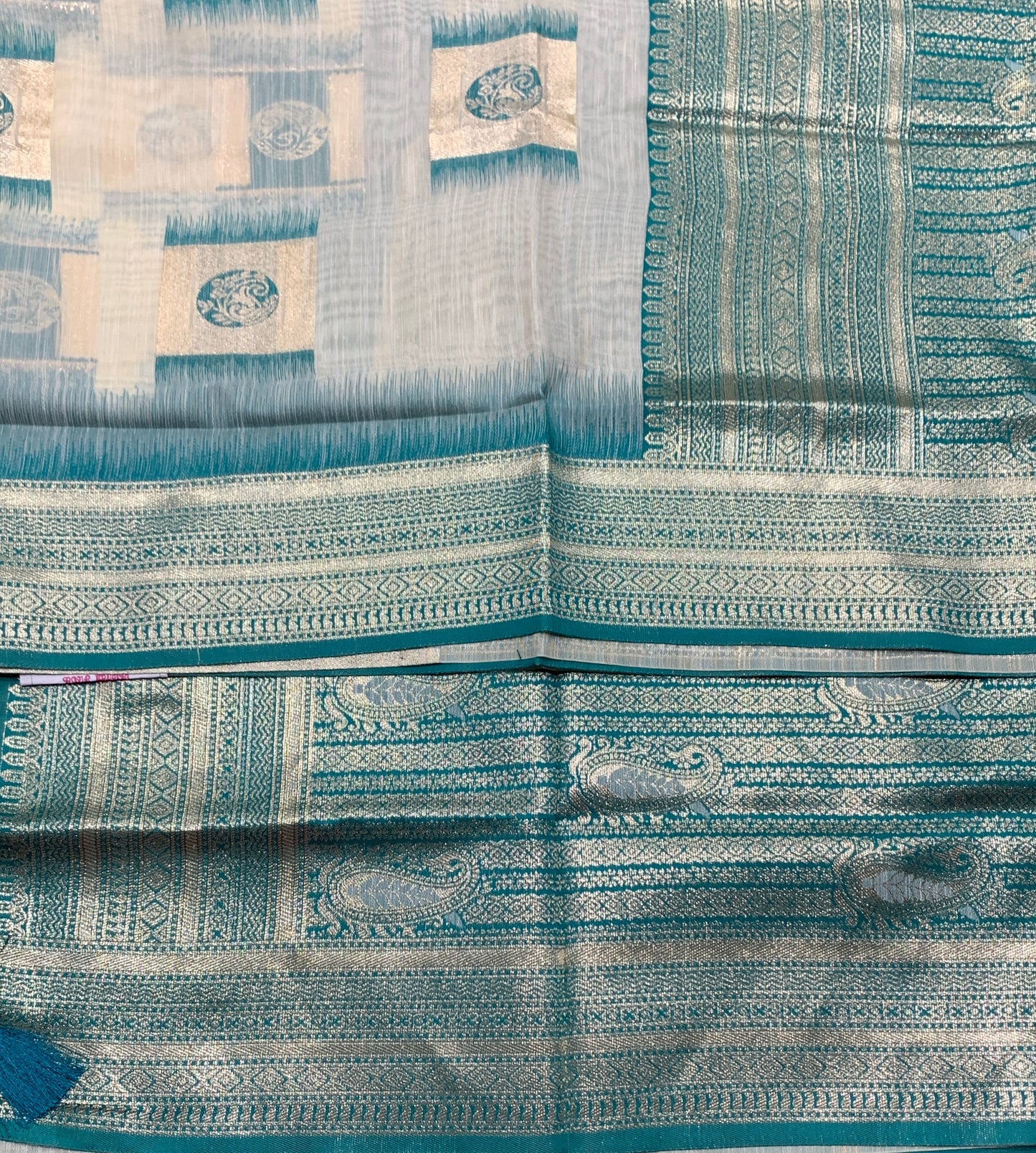 Banaras Katan Saree Off White Colour with Sapphire Katan Work Border