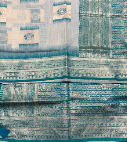 Banaras Katan Saree Off White Colour with Sapphire Katan Work Border