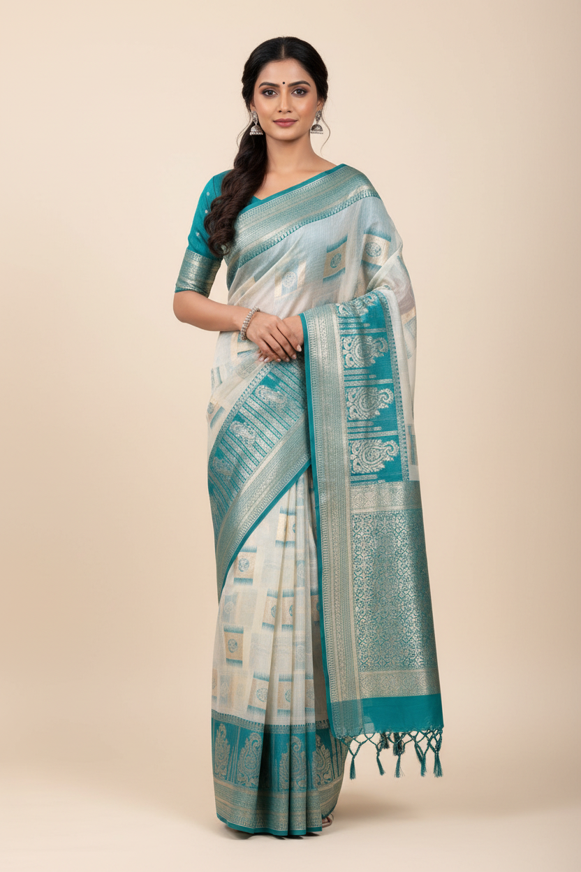 Banaras Katan Saree Off White Colour with Sapphire Katan Work Border