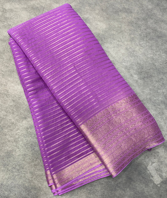 Georgette Saree Lavender Colour with Sliver Floral Design Border