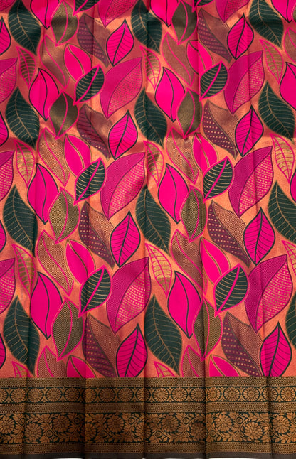 Art Silk Saree Pink Colour with Leaf Design