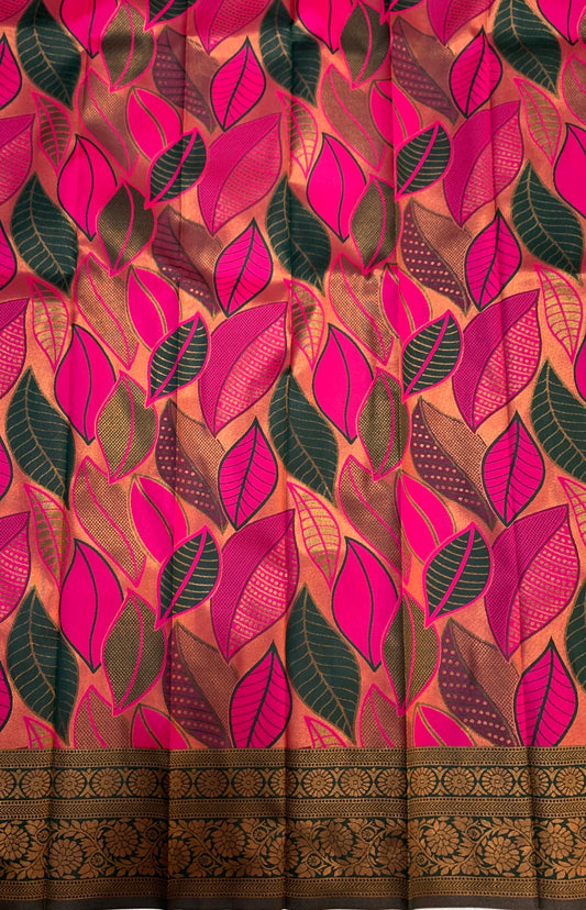 Art Silk Saree Pink Colour with Leaf Design