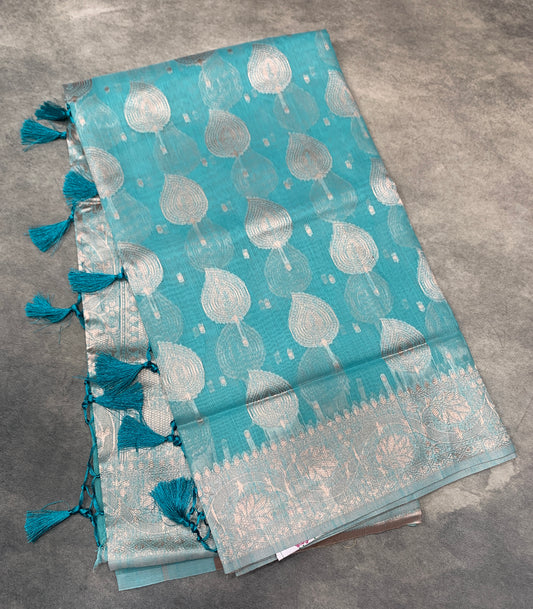 Banaras Katan Saree Sky Blue Colour with Katan Work Border
