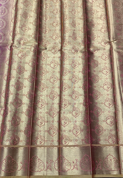 Vegan Silk Saree Pink Colour with Golden Yellow and Copper Border