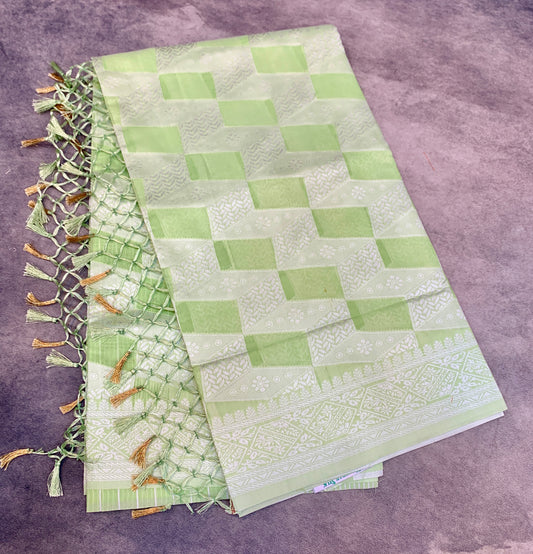 Banaras Katan Saree Apple Green Colour with Katan Work Border