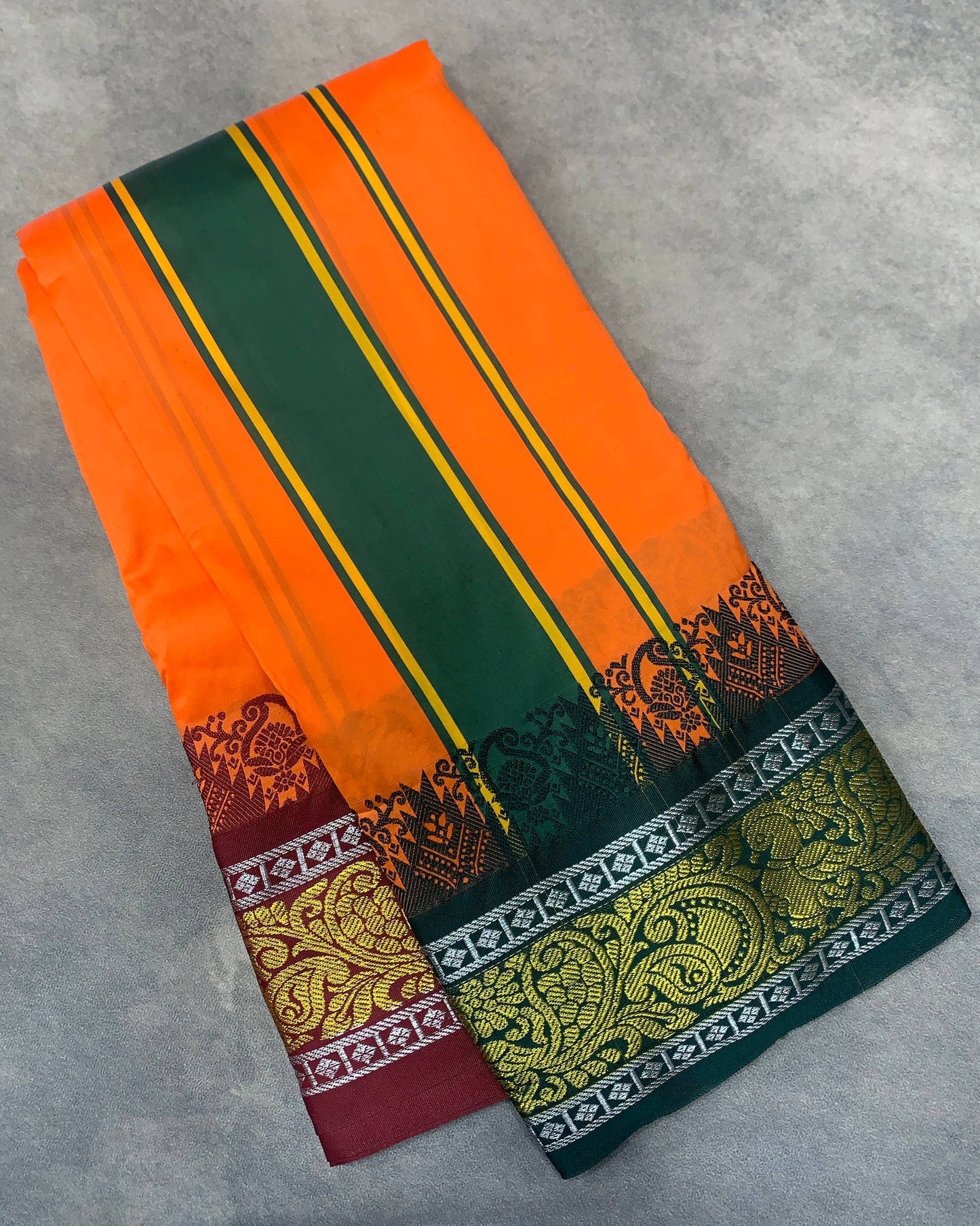 Art Silk Dhothi 9X5 Orange Colour with Green and Maroon Colour Ganga Jamuna Border