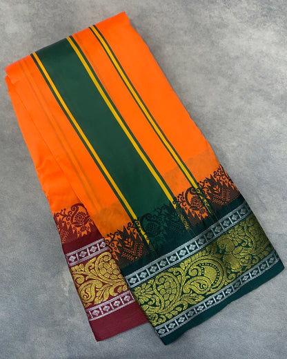 Art Silk Dhothi 9X5 Orange Colour with Green and Maroon Colour Ganga Jamuna Border