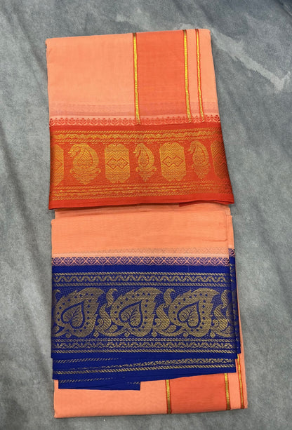 9X5 Cotton Dhoti Peach Colour with Orange and Blue Border