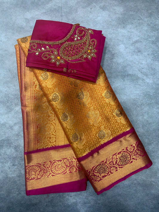 Vegan Silk Saree Golden Yellow Colour with Copper and Pink Border