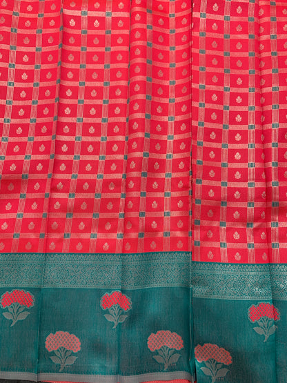Art Silk Saree Tomato Red Colour with Rama Blue Colour Border