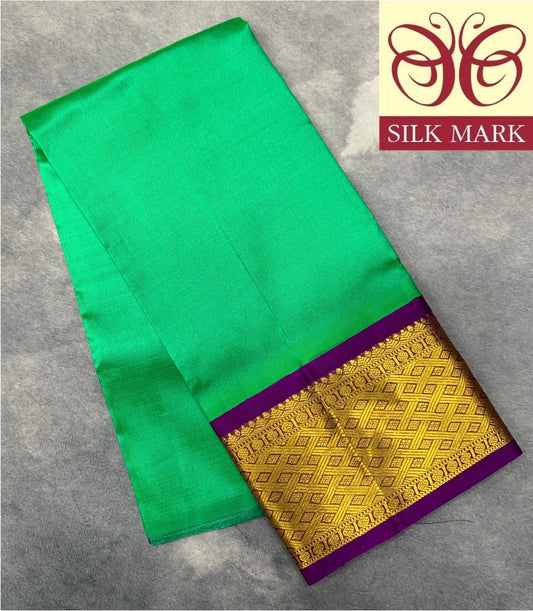 Light Green Shade Pure Kanchipuram Kids Pattu Pavadai with Contrast Border for Newborn to 2 Years