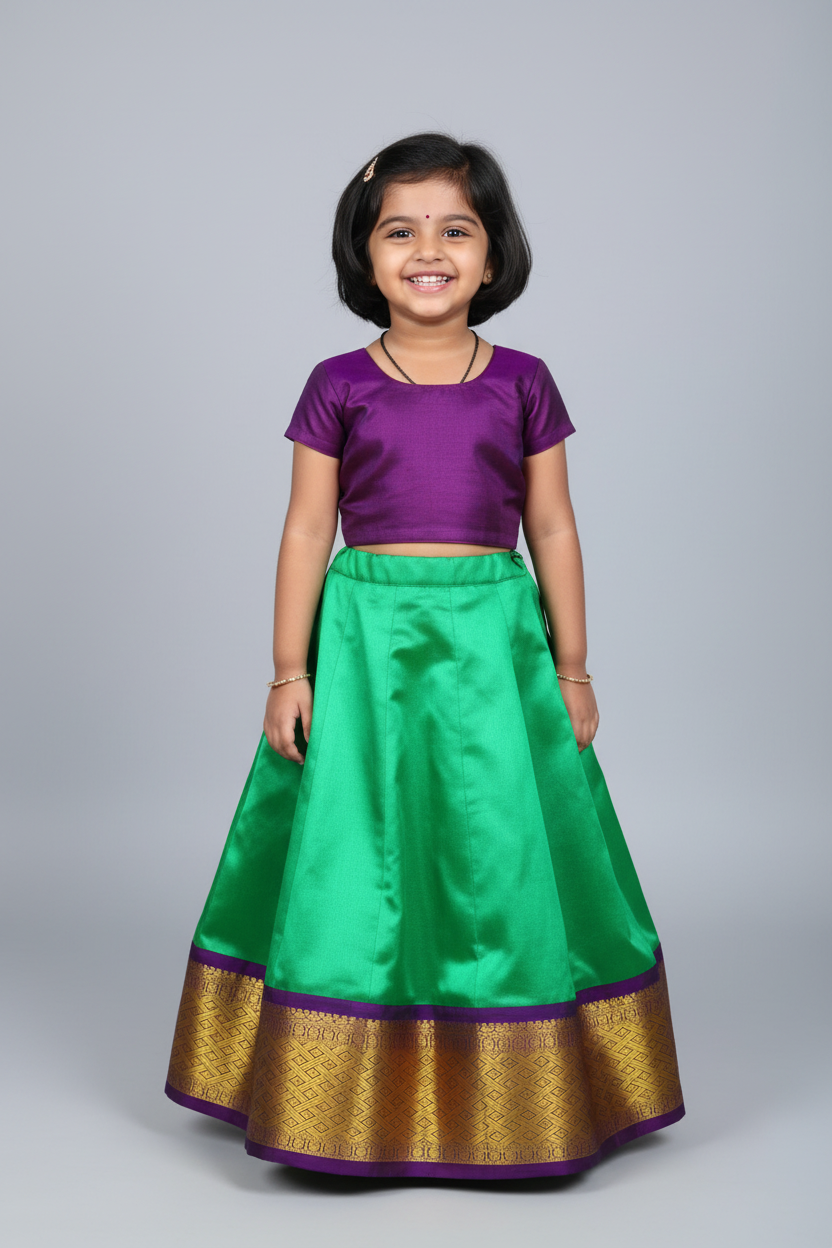 Light Green Shade Pure Kanchipuram Kids Pattu Pavadai with Contrast Border for Newborn to 2 Years
