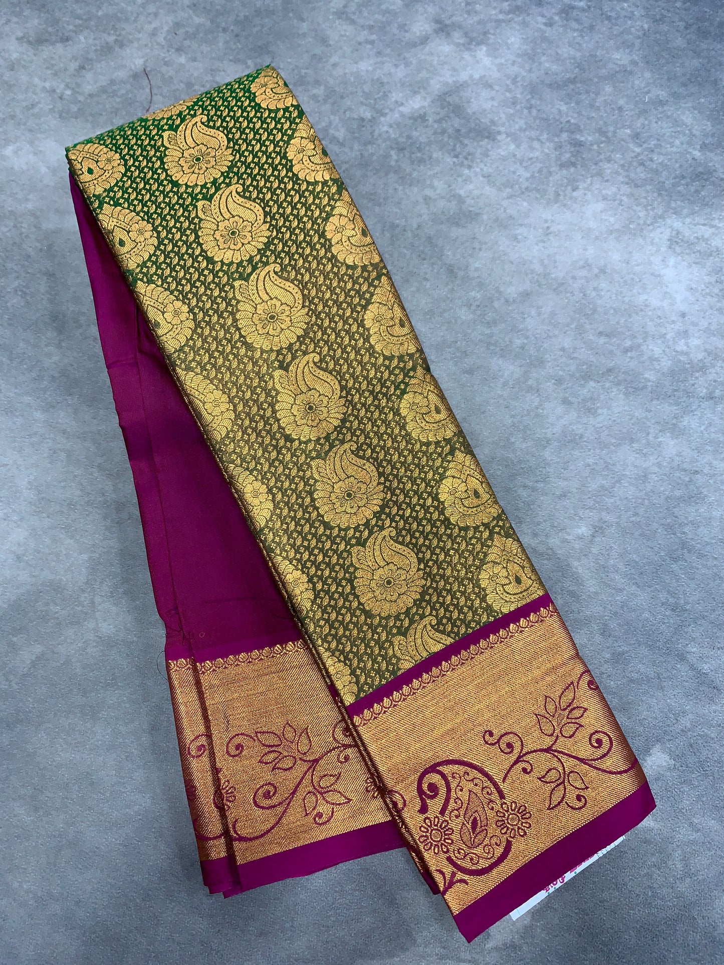 Vegan Silk Saree Olive Green Colour with Pink and Copper Border