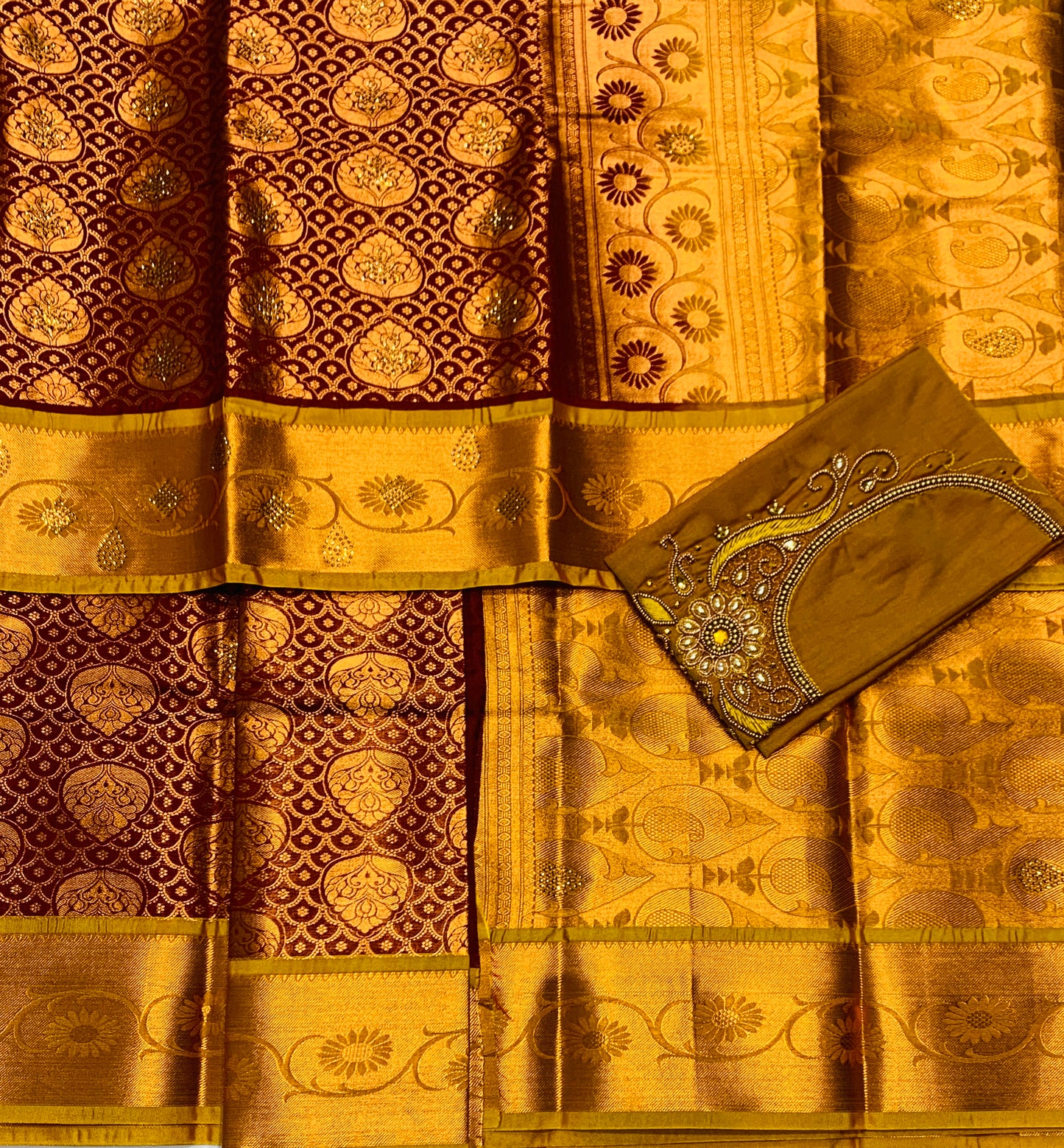 Bridal Vegan Silk Saree Brown shade with Mustard Border with Unstitched blouse in Aari work