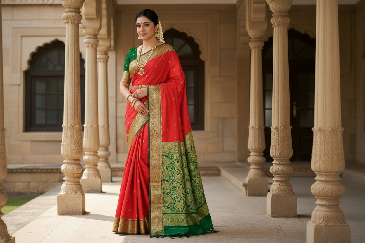Red Shade Saree with Golden and Green Border