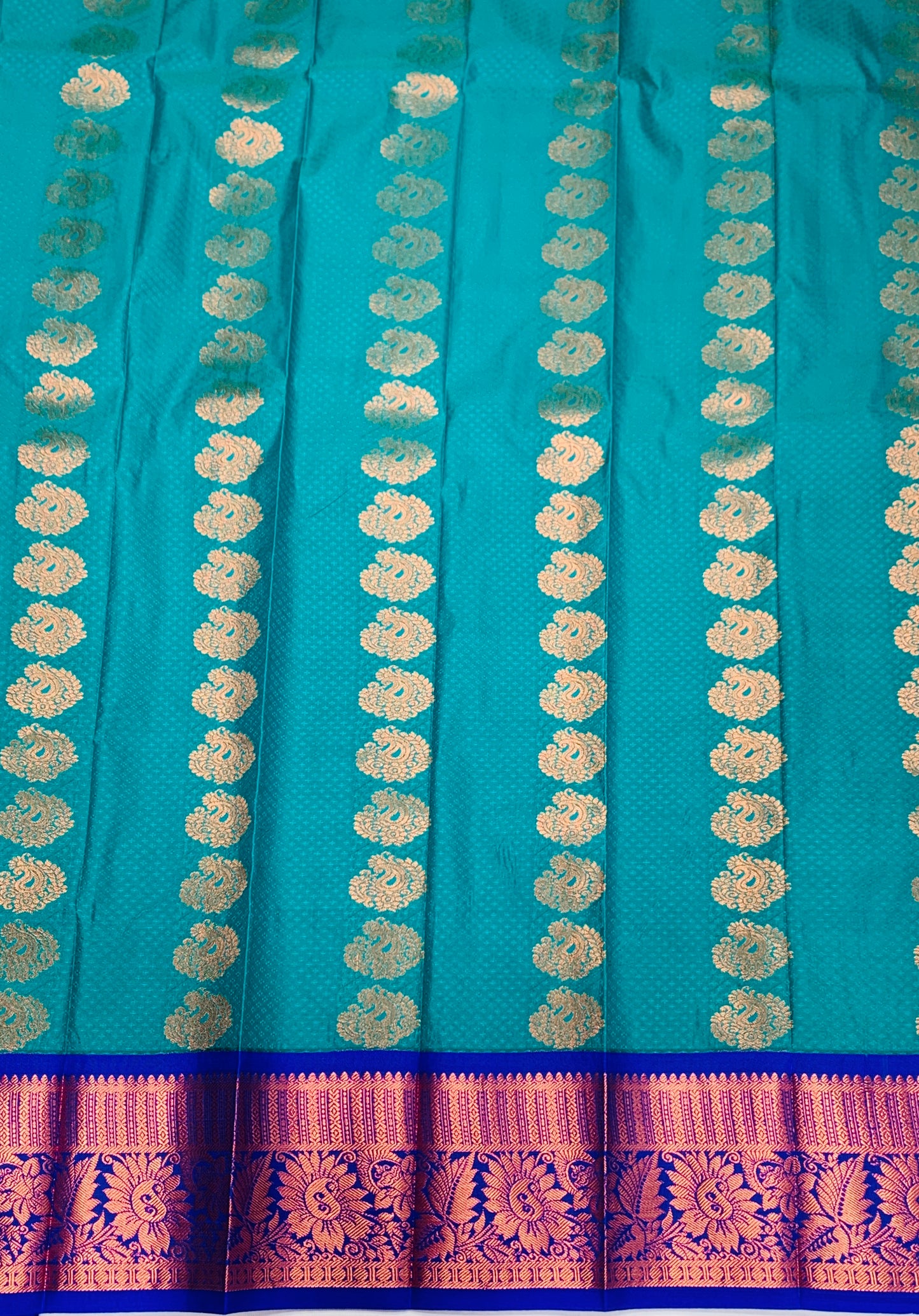 Vegan Silk Saree Rama Blue Colour with Copper and Blue Border