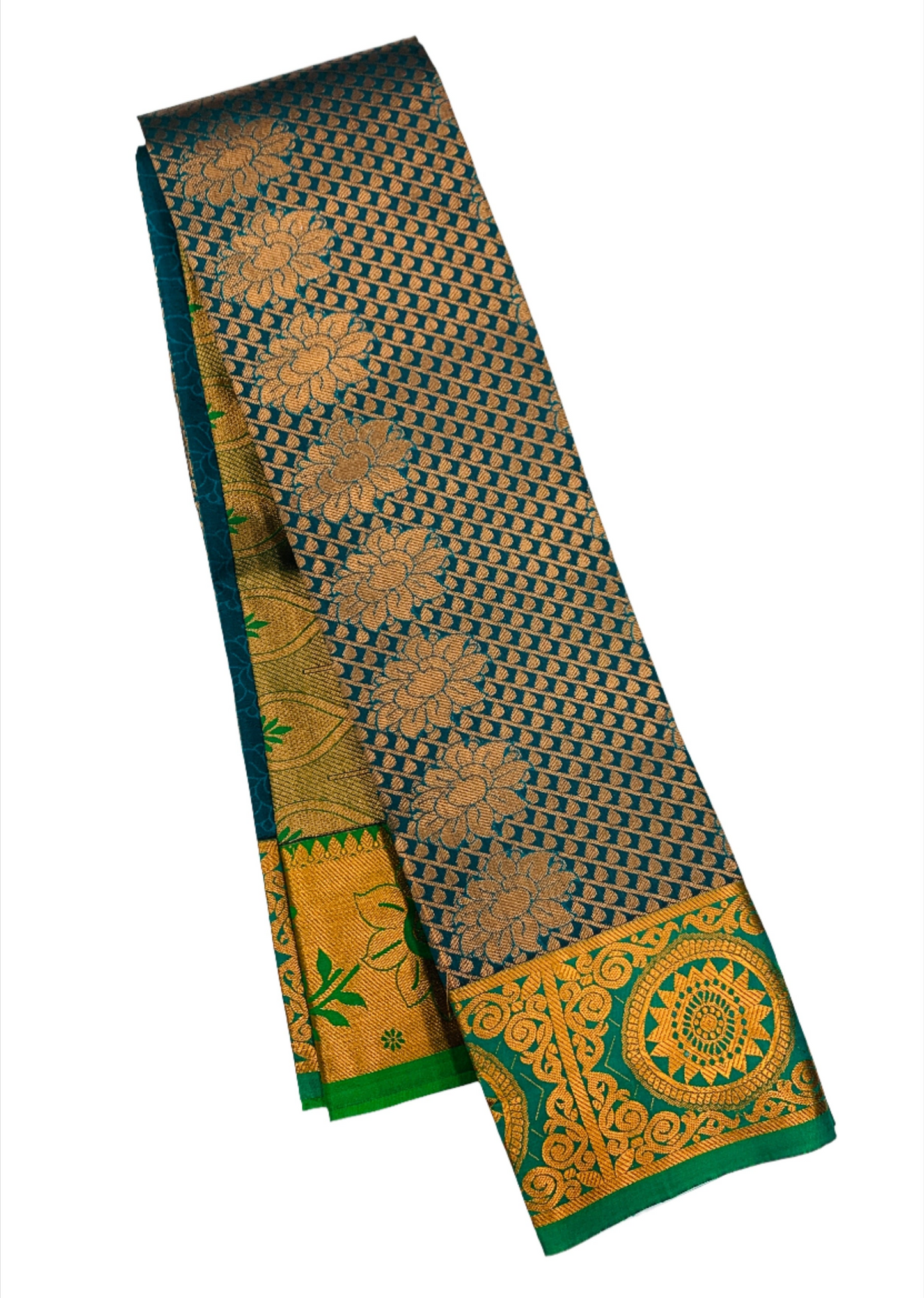 Vegan Silk Saree Rama Blue with Green and Floran Design