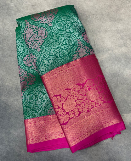 Bottle Green Colour Soft kanchi pattu with Pink Border