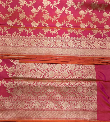 Pure Banaras Silk Saree Rani Pink (Dual Tone)Colour with Beautifully Crafted Floral Banarasi border