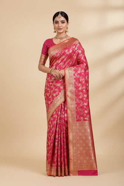 Pure Banaras Silk Saree Rani Pink (Dual Tone)Colour with Beautifully Crafted Floral Banarasi border
