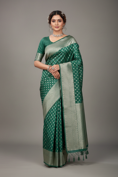 Soft Silk Casual Saree Olive Green Colour with Sliver Colour Border
