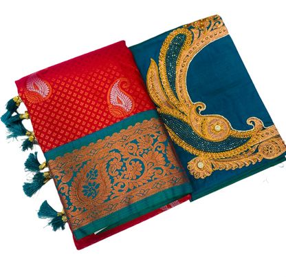 Bridal Vegan Silk Saree Red shade with Rama Blue Border with Unstitched blouse in Aari work