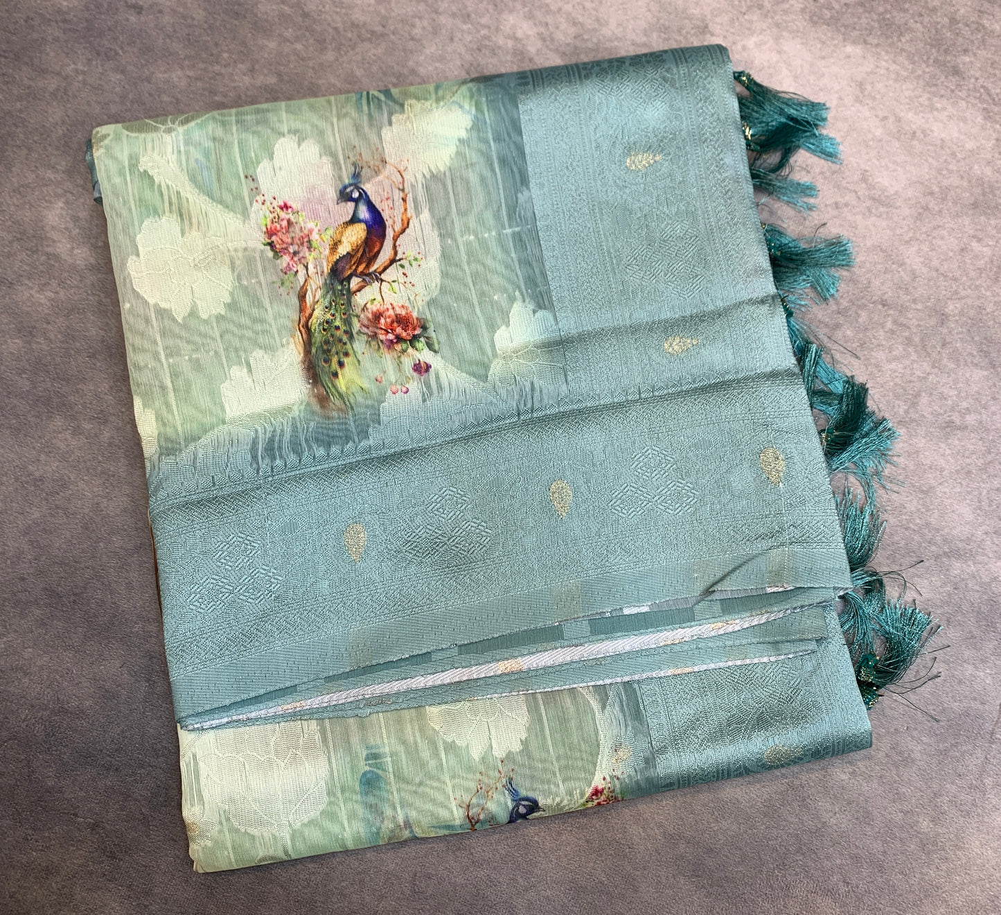 Digital Print Cotton Saree Gray Blue Colour with Floral and Birds Pattern