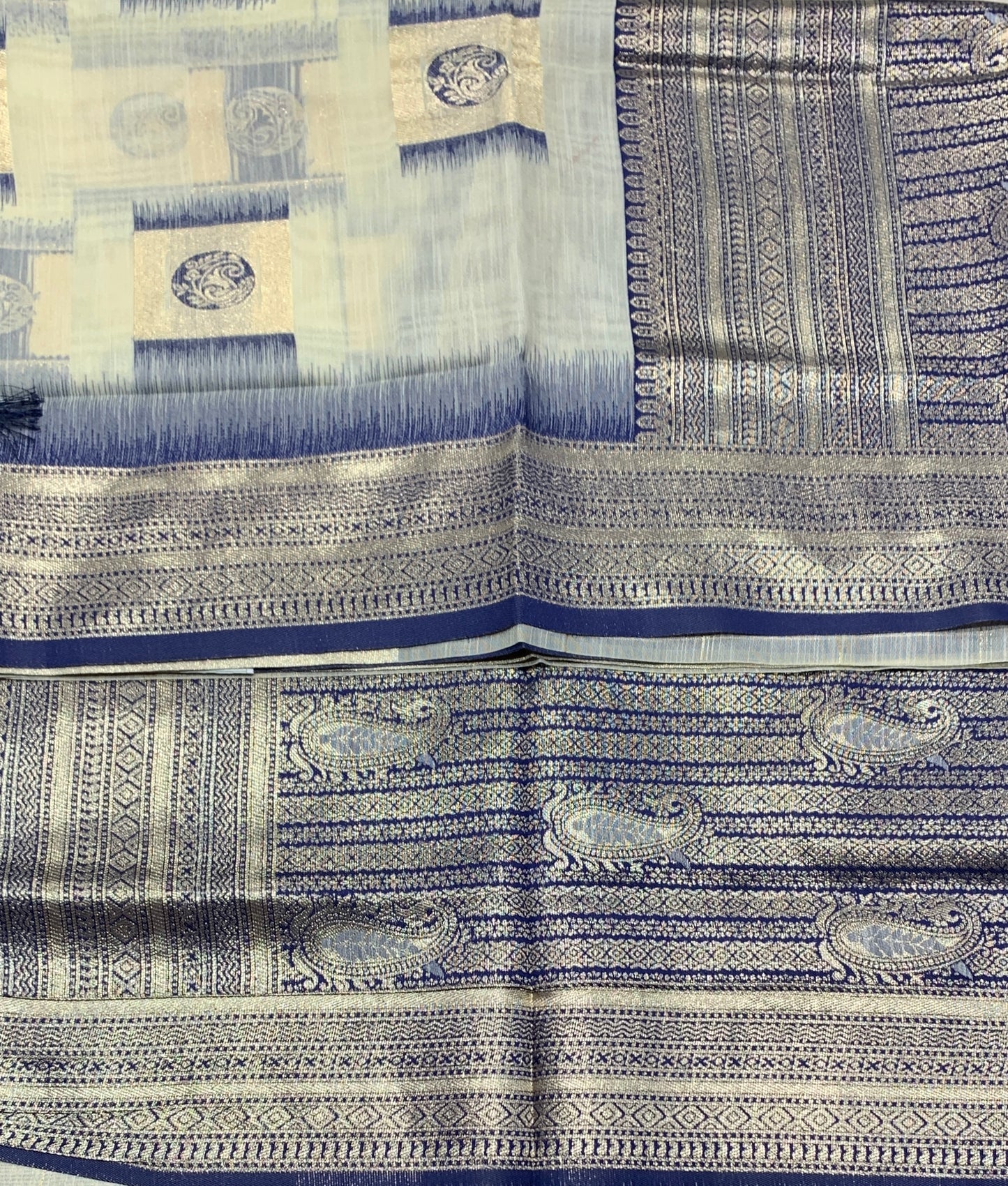 Banaras Katan Saree Off White Colour with Blue Katan Work Border