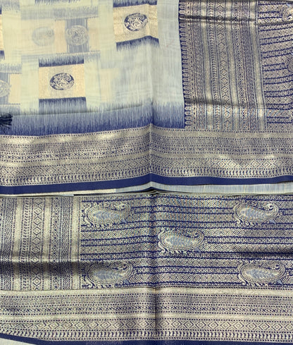 Banaras Katan Saree Off White Colour with Blue Katan Work Border