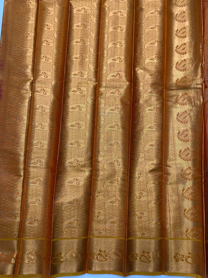Vegan Silk Saree Pink Colour with Copper and Golden Yellow Border