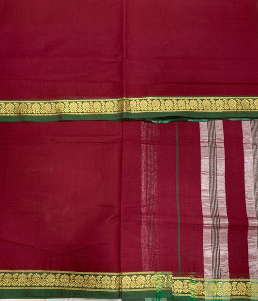 Chettinad Cotton Saree Maroon Shade with Green Border